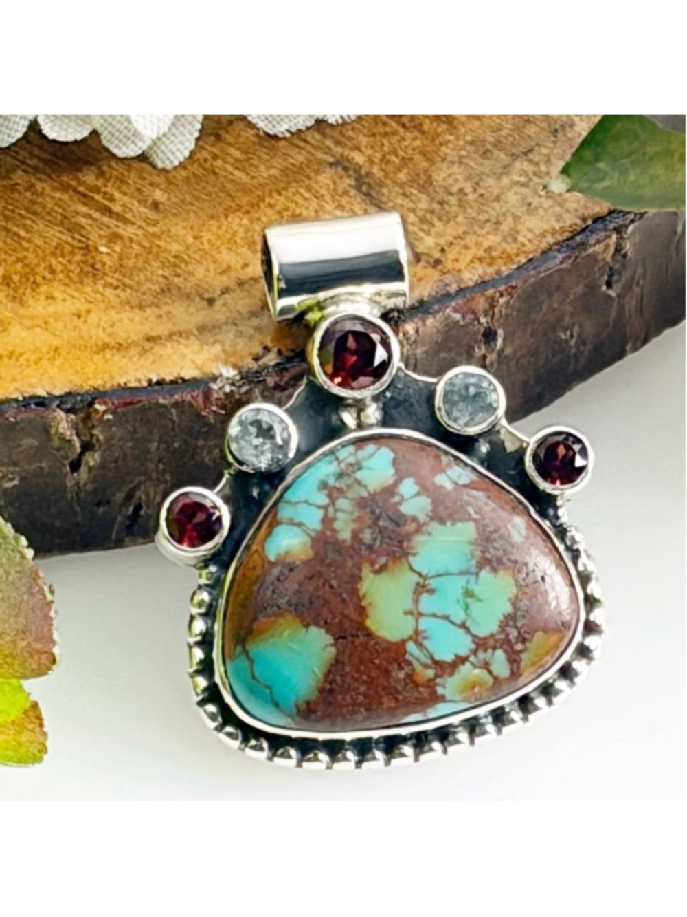 Sterling Silver 925 Red Garnet Turquoise Pendant Southwest Vintage Style